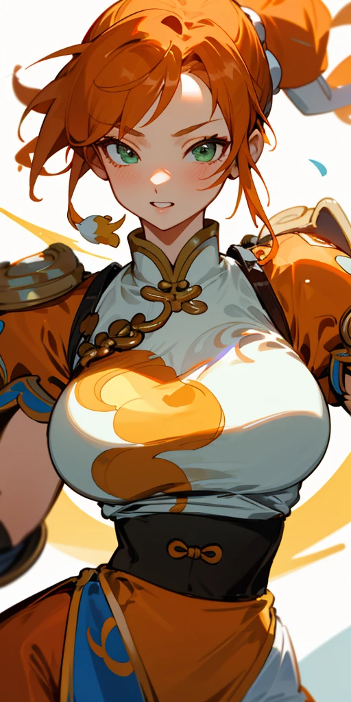 1 girl、one person、skinny body shape、orange clothes、orange hair、ponytail、beautiful green eyes、intense joy on the face、white uniform with golden decorations、upper body close-up, style of Chun-li clothes