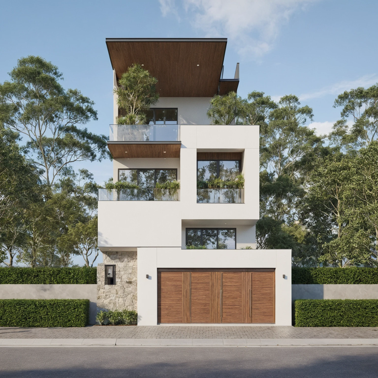 exterior house, contemporary style, white wall, wood wall, wood door, glass window, (realistic:1.2), Masterpiece, high quality, best quality, authentic, super detail, outdoors,road,pavement, grass, trees, sky, cloud, (daylight:1.1)