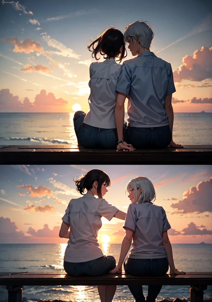 Elderly couple sitting next to each other on a bench, watching a stunning sunset over the ocean. They hold hands, their expressions full of joy and love