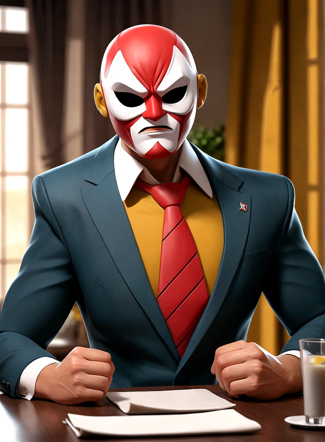 comic artwork of a man in a business suit, wearing a wrestling mask, sitting at a dinner table, crosshatching, 2D, Sharp, Detailed, HD, HDR, High Quality, High Resolution, Masterpiece, single panel