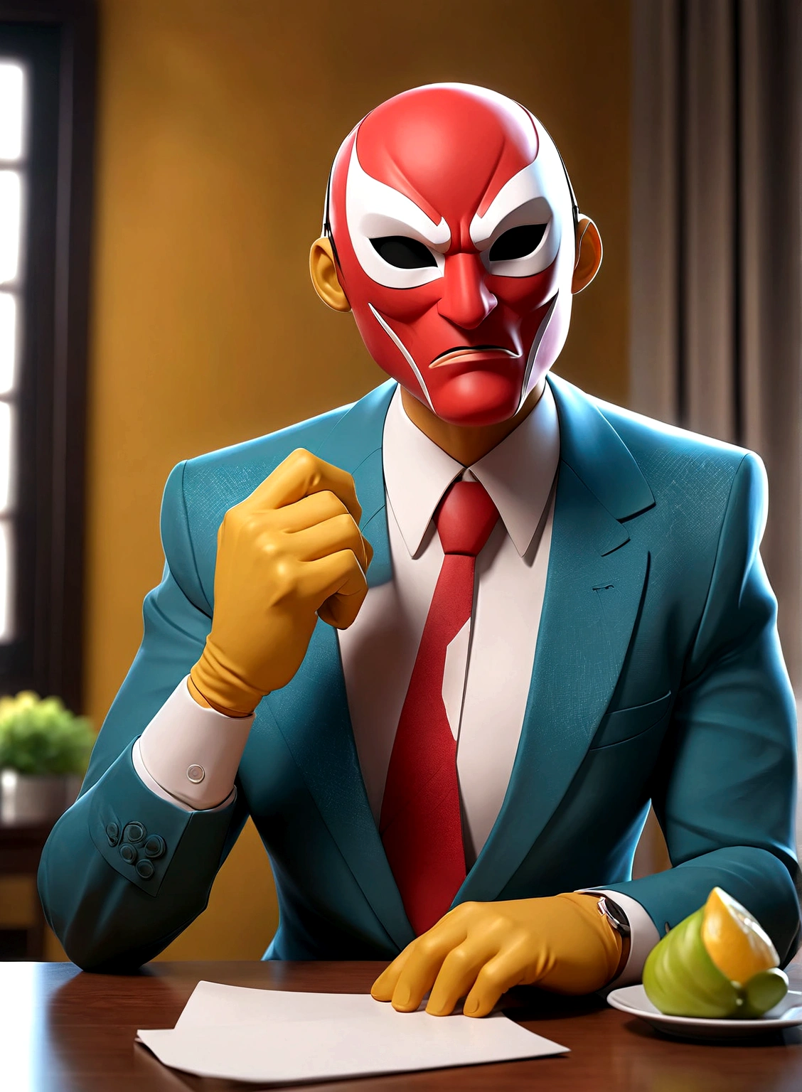 comic artwork of a man in a business suit, wearing a wrestling mask, sitting at a dinner table, crosshatching, 2D, Sharp, Detailed, HD, HDR, High Quality, High Resolution, Masterpiece, single panel