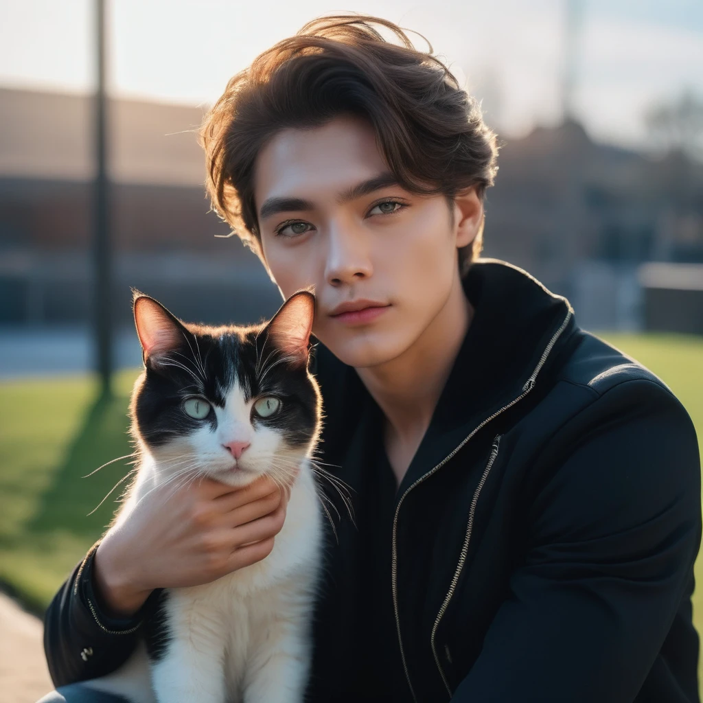 instagram photo of a man in a black jacket, sitting next to a cute cat, posing for the camera, ((perfect eyes, detailed eyes,realistic eyes)), ((sharp face, detailed face, realistic face, naturtal skin, realistic skin, detailed skin, pores)), (masterpiece, best quality, ultra-detailed, best shadow), high contrast, (best illumination), ((cinematic light)), colorful, hyper detail, dramatic light, intricate details, (1 girl, solo) , ultra detailed artistic photography, dreamy, backlit, shadows, ultra high definition, 8k, ultra sharp focus, ultra high quality model, soft lighting, film photography, analogue photography, hyperrealism,