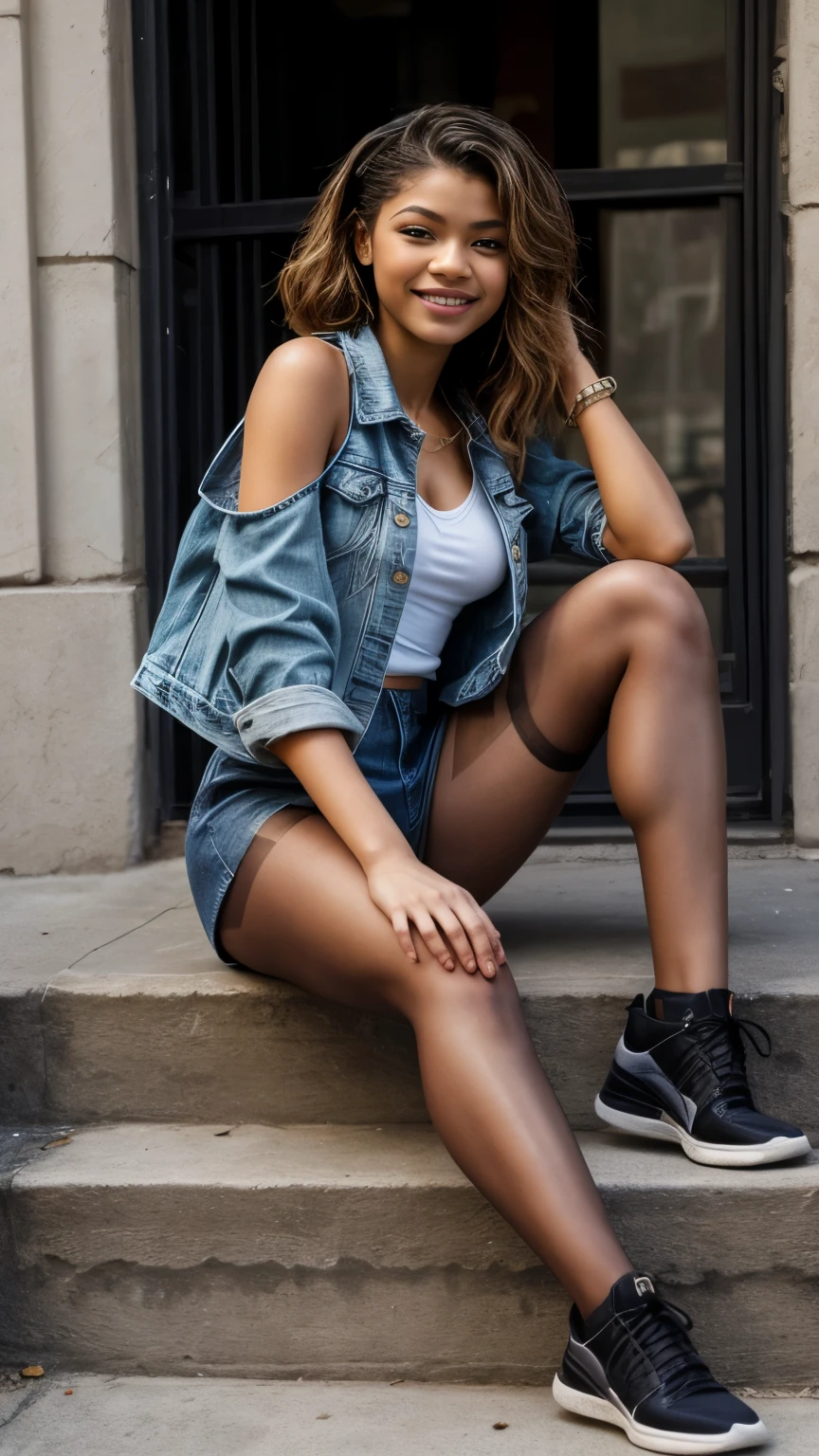 Show entire body, feet in view, Zendaya, smiling, wearing an in buttoned cut off denim jacket, short tennis skirt, black pantyhose, she isn’t wearing shoes, sitting on a stoop, outdoors, Brooklyn