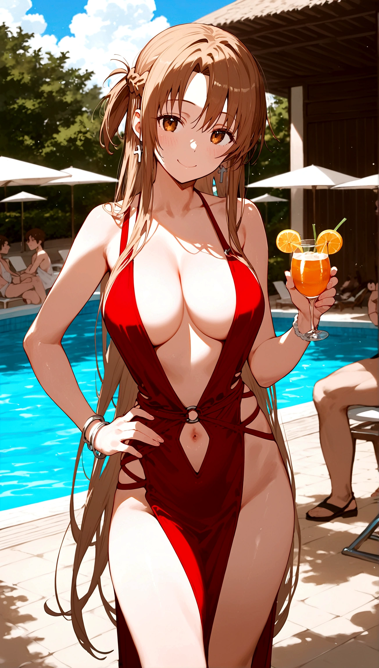 score_9,score_8_up,score_7_up,18 year old,1girl,asuna \(sao-alo\), sword art online,yuuki asuna,nsfw,brown eyes, brown hair, long hair, bangs, braid,standing,leg lift,hand on hip, holding cup,seductive-smile,blush,large breasts,brown hair,parted hair,long hair,red dress ,plunging neckline,center opening,cleavage,navel,earrings,bracelet,pool ,people,multiple boys,
