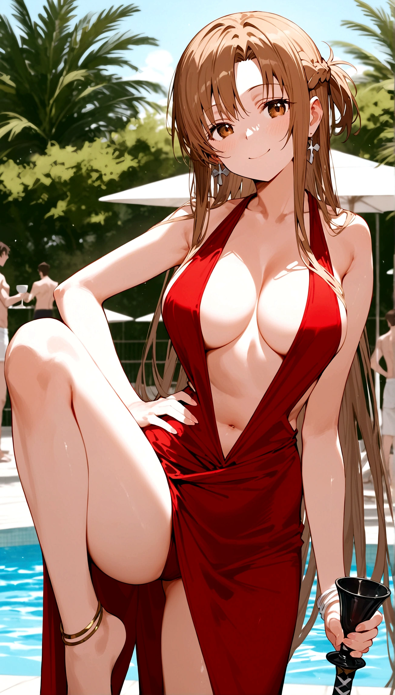 score_9,score_8_up,score_7_up,18 year old,1girl,asuna \(sao-alo\), sword art online,yuuki asuna,nsfw,brown eyes, brown hair, long hair, bangs, braid,standing,leg lift,hand on hip, holding cup,seductive-smile,blush,large breasts,brown hair,parted hair,long hair,red dress ,plunging neckline,center opening,cleavage,navel,earrings,bracelet,pool ,people,multiple boys,
