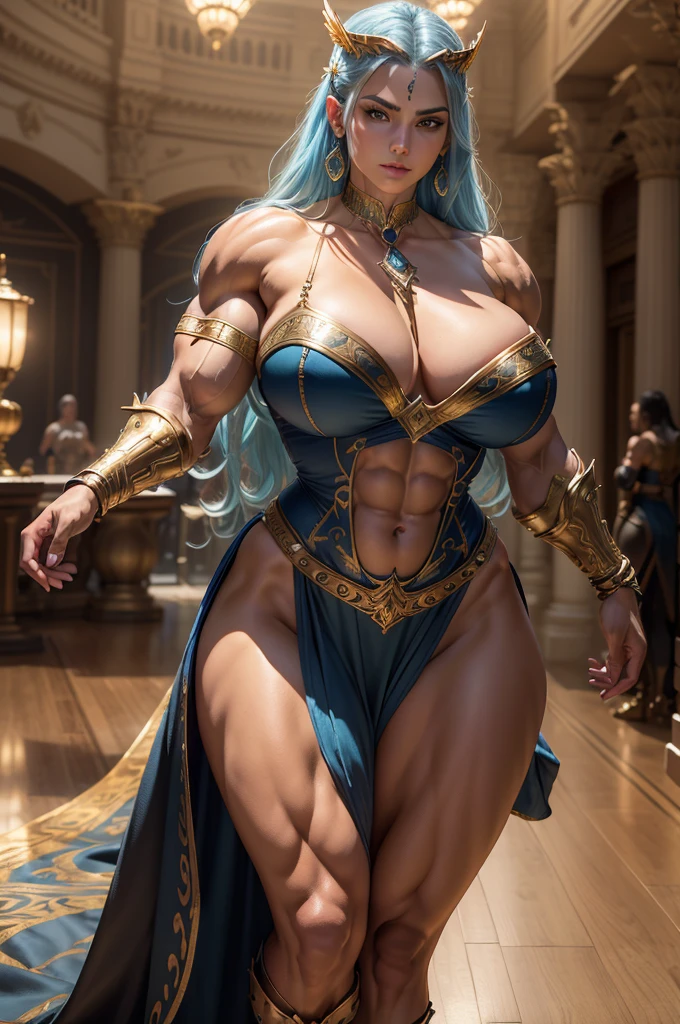 unparalleled masterpiece, ultra-realistic 8k, dynamic lighting, cinematic lighting, perfect artwork, beautiful eyes, detailed eyes, ((Chandelier, hall, palace, royal, Chandelier on background)), looking at the viewer, (((perfect female figure))), (((solo, 1girl, mature female, alluring, clean, beautiful face, lips, one_hand-on ))), (((hair flower, hibiscus, diamond neckless, diamond choker, diamond earrings))), ((short hair, light blue hair, yellow eyes, beautiful hair)), (()), (((long dress, dress, black arm warmers, high sleeves, gloves attached to arm warmer,  shoulders, ))), gorgeous, luxury, ((toned, abs, muscular thighs, , biceps, garter belt,)), (hands-on hip), shiny skin, smile, mouth closed, smug, (((huge muscles))),((SOLO WOMAN)), Saint Valkyrie, anjo alado, bela deusa, Mythical heroine, armadura dourada, capacete alado, ((())), ((Bodybuider)), ((((huge muscular amazon)))), Nome, arte conceitual, High detail, Action painting, Estilo aNome, Cinematic lighting, motion blur, character chart, refer ence sheet, graphic, simetria, cowboy shot, F/1.2, 35 mm, Hasselblad, detalhes altos, anatomicamente correto, master part, best quality, 8k,Asgard, Valkyrie, warrior woman. anatomical correct, muscular abdomen, epic fantasy digital art，tmasterpiece，8K，high-definition resolution，detailed drawing，Quality Superior，, Epic composition,(best quality,4k,8k,highres,masterpiece:1.2),ultra-detailed,(realistic,photorealistic,photo-realistic:1.37),a knight girl with medieval armor,beautiful detailed eyes,beautiful detailed lips,extremely detailed eyes and face,longeyelashes,shining metallic armor,burnished steel sword,ornate helmet with feather plume,flowing cape with intricate patterns,confident and fierce expression,graceful and powerful posture,captivating background filled with ruins and castles,majestic mountains in the distance,fantasy art style,vibrant and rich color palette,warm and golden color tone,soft and dramatic lighting