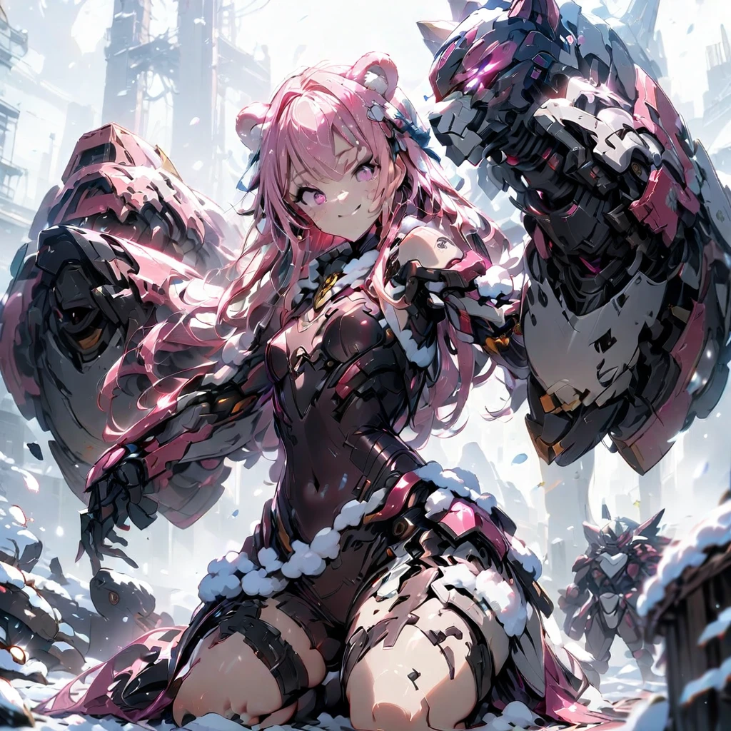 1 girl, full body esbian，sat down，dramatic lighting,Pink Mecha,honey mecha，ホワイトPink Mecha，pink long hair，white long hair，small breasts，clothes fit the body，skin as white as snow， face，The most delicate face，naked thighs，8k wallpaper，master piece，best quality，smile，feet，put your foot on the bear，bear pillow