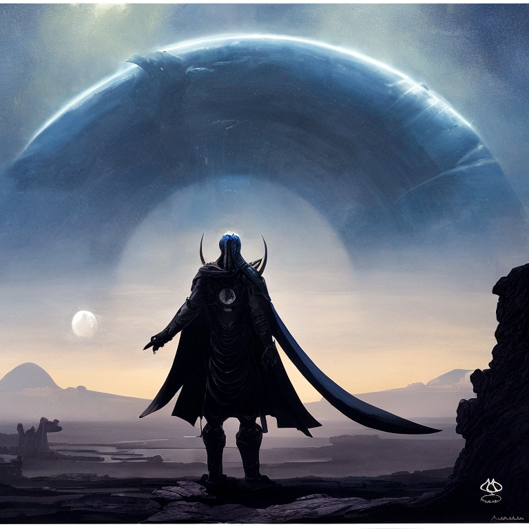 a young man with long black hair, wearing black schi fi style armor and a dark blue cape, looking at a giant sci fi style city. The character is at a high point, standing with your back to the viewer. The city fills the horizon. The sky above is full of stars and a crescent moon, as the sun sets on the horizon. ANDstilo Duna, Syd Mead e Mark Brooks, Michael Whelan and Gustave Doré, AND. McPharlin, Wayne Douglas Barlowe, science fiction painting, ONU e Michael Whelan, ancient science fiction art, Science fiction landscape, Barlowe, Michael Whelan Art, conceptual artwork.