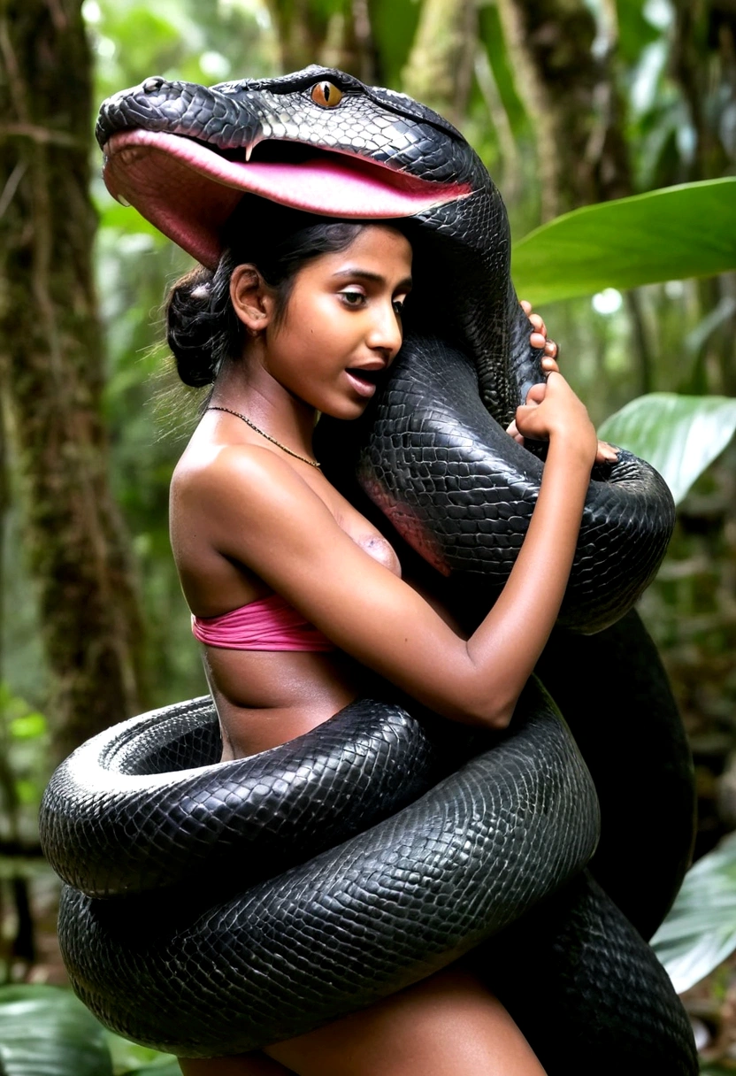   pink  wearing aroused  beautiful happy young Indian teen girl vs  Giant colossal black anaconda monster wrapped around her body squeezing her in coiled embrace cuddling and kissing        realistic in the rainforest full body, best quality wet 