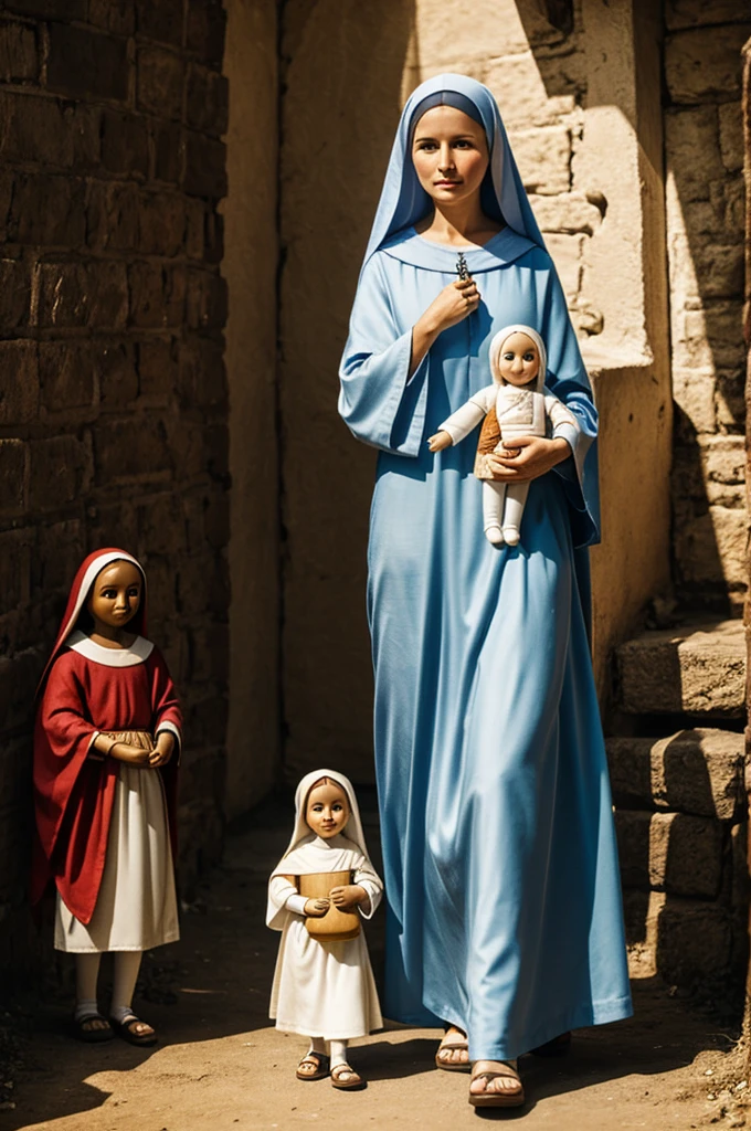 Mother Mary walks with a holding a jebra doll