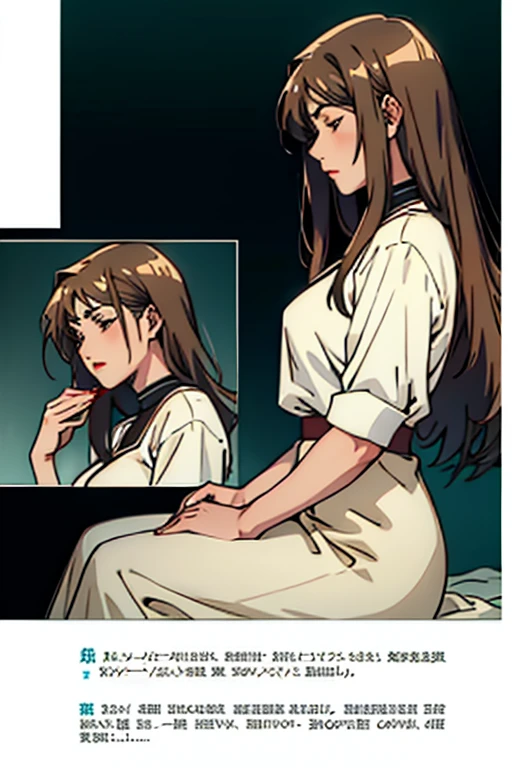 Mature women with long brown hair with lipstick , gentle eyes, holding herbs and meditating sadly , manga page with panels and dialogue    