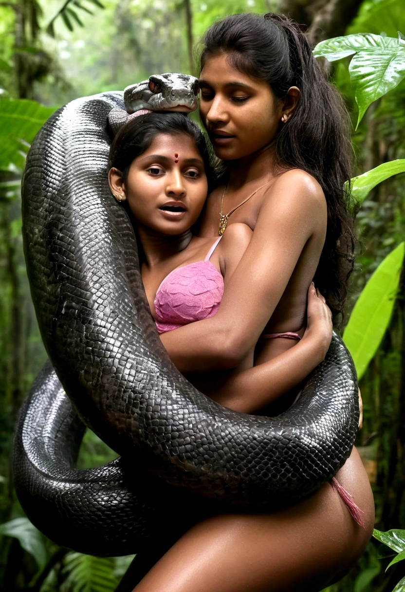   pink  wearing aroused  beautiful happy young Indian teen girl vs  Giant colossal black anaconda monster wrapped around her body squeezing her in coiled embrace cuddling and kissing        realistic in the rainforest full body, best quality wet 