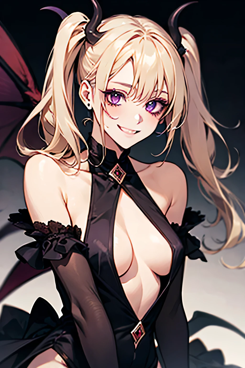 Succubus,Twin tails,Provocative smile,Blonde,Purple devil wings,One devil's tail. Full moon in the background.