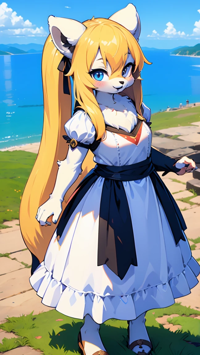 ((Furry ear:1.3)),((Little:2.5)),(White dress and frills:1.5),((very large bust size:1.8)),(Fluffy tail:1.5),(Skirt unfolds:1.5),(Pop Art:1.8),(Chubby:1.5),((looking at the camera:1.5)),(Furry foot:1.5),(Sparkling deep blue big eyes:1.7),(Round eyebrows:1.5),(Fisheye Lens:1.5),(Laughing with your mouth open:1.5),((on a hill overlooking the lake:1.5)),(Wolf's tail),((Long Hair:1.7)),Furry,(Large black ribbon:1.5),(Gorgeous medieval fantasy costume:1.5),(Highest quality,4K,8K,High resolution,masterpiece:1.2), Very detailed, (Realistic,Realistic,Realistic:1.37), High resolution, 超High resolution, studio lightning, ultra-fine goodinting, Sharp focus, Physically based rendering, extrine detail description, Professional, Bright colors, Bokeh, (in) you bring, landscape, photograph, Concept Artist (style), (and) vibrant color goodlette, (good) soft lighting. jewelry,Sexy:2,男性and性行為をする:2.5