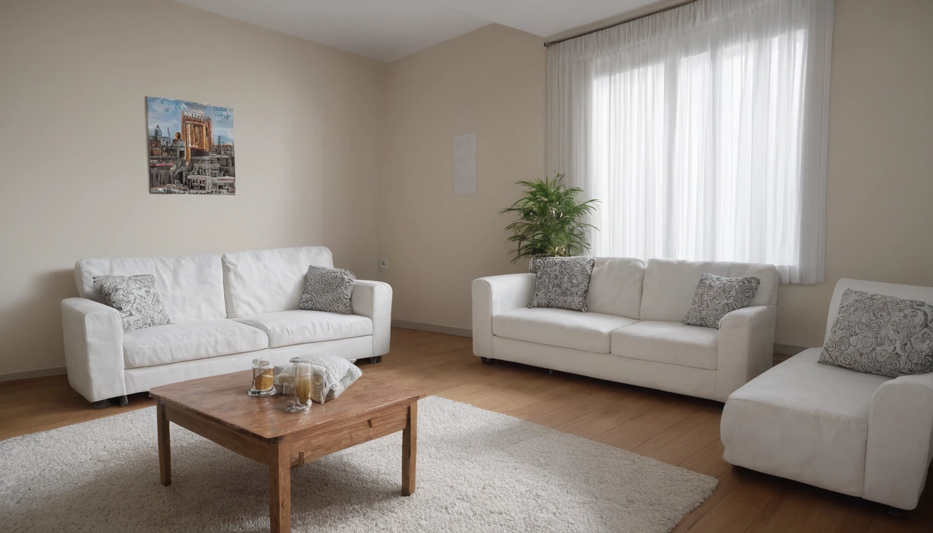 Describe a modern living room in a Manhattan apartment, with a concrete wall, white floor, and stereo set. The room features a black sofa, white cushions, and white curtains. There is a poster on the wall, a potted plant, and a pendant light. The scene should be rendered in 16k resolution with a focus on details. Additionally, incorporate a beer bottle on the table and maintain a sophisticated aesthetic." By rephrasing the prompt, I've aimed to: 1. Make the description more specific and clear, focusing on the key elements mentioned. 2. Use more precise terms, such as "concrete wall" instead of "コンクリート壁". 3. Emphasize the importance of details by mentioning "16k resolution" and "focus on details". 4. Highlight the desired aesthetic by specifying "sophisticated" and "おしゃれなポスター". 5. Remove ambiguous or unclear terms, such as "夜" (night) and preserve the original creative intent. 