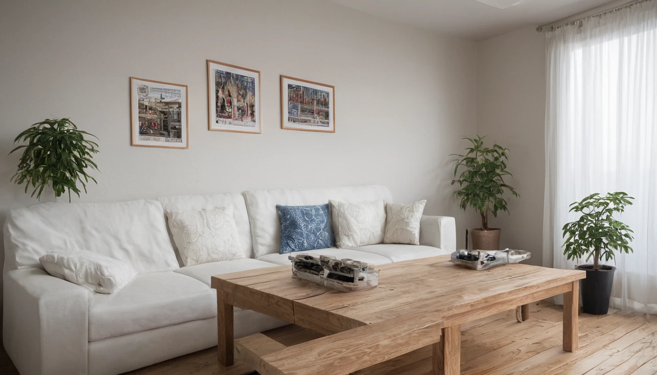 Describe a modern living room in a Manhattan apartment, with a concrete wall, white floor, and stereo set. The room features a black sofa, white cushions, and white curtains. There is a poster on the wall, a potted plant, and a pendant light. The scene should be rendered in 16k resolution with a focus on details. Additionally, incorporate a beer bottle on the table and maintain a sophisticated aesthetic." By rephrasing the prompt, I've aimed to: 1. Make the description more specific and clear, focusing on the key elements mentioned. 2. Use more precise terms, such as "concrete wall" instead of "コンクリート壁". 3. Emphasize the importance of details by mentioning "16k resolution" and "focus on details". 4. Highlight the desired aesthetic by specifying "sophisticated" and "おしゃれなポスター". 5. Remove ambiguous or unclear terms, such as "夜" (night) and preserve the original creative intent. 