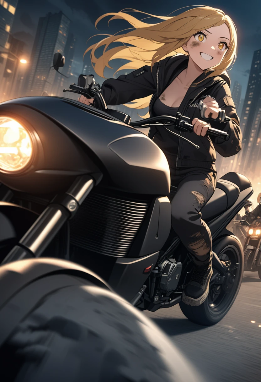 Woman riding big cruiser motorcycle, black streetwear, medium chest, long golden hair, golden eyes, big smile, happy, motorcycle goggles, dirty, apocalypse, city at night, highly detailed, fleeing zombies