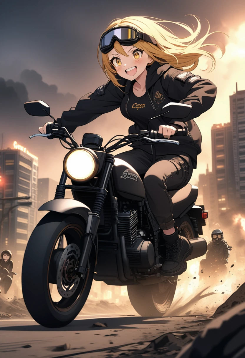 Woman riding big cruiser motorcycle, black streetwear, medium chest, long golden hair, golden eyes, big smile, happy, motorcycle goggles, dirty, apocalypse, city at night, highly detailed, fleeing zombies