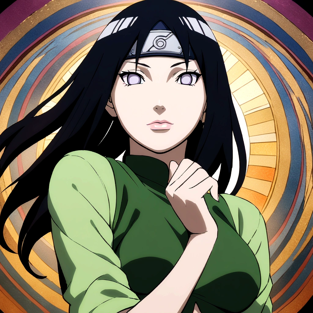 anime girl with long black hair and green top posing for the camera, hinata hyuga, seductive anime girl,hinata hyuga from naruto,