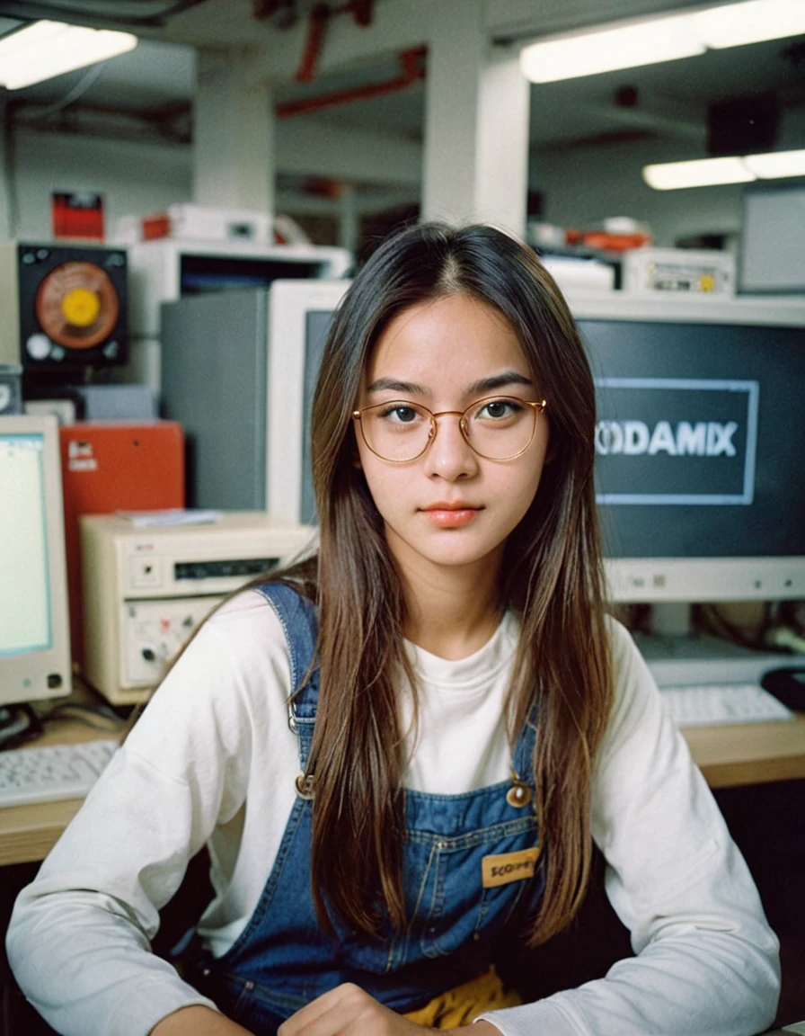 Portrait MagMix Girl look at camera, long hair, Overalls, analog film photo, Kodachrome, working next to computer, programmer, wearing glasses