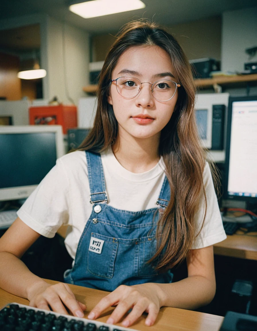 Portrait MagMix Girl look at camera, long hair, Overalls, analog film photo, Kodachrome, working next to computer, programmer, wearing glasses