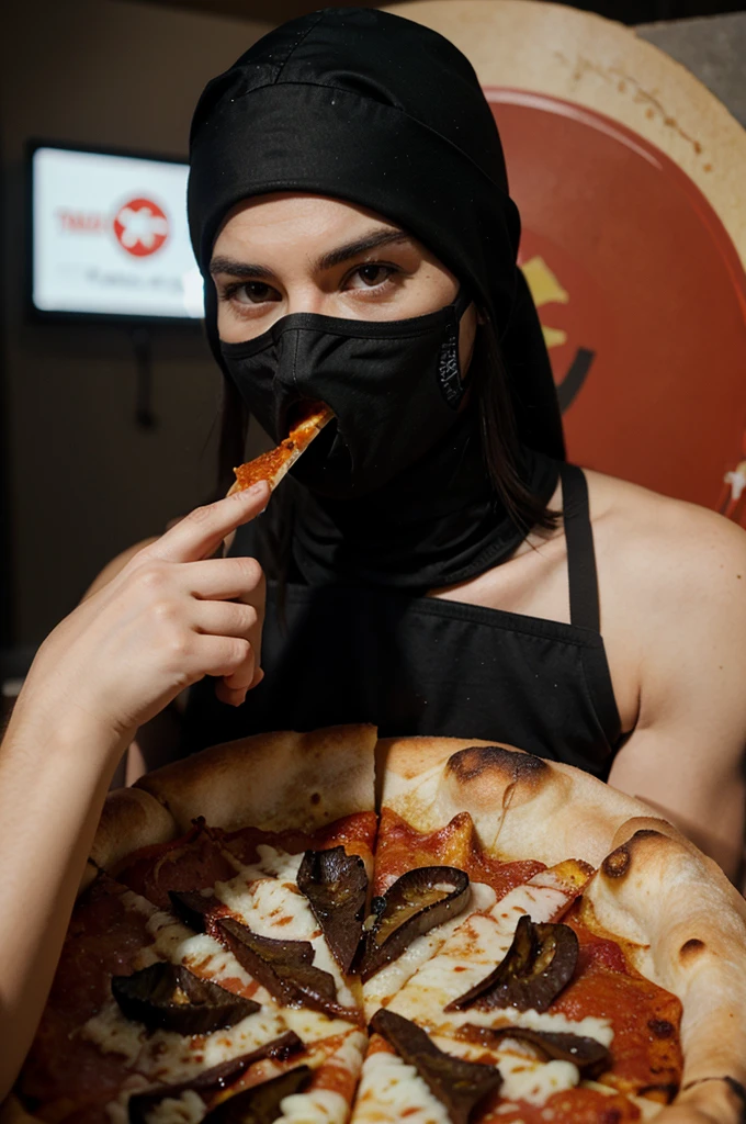 A ninja who eats a pizza