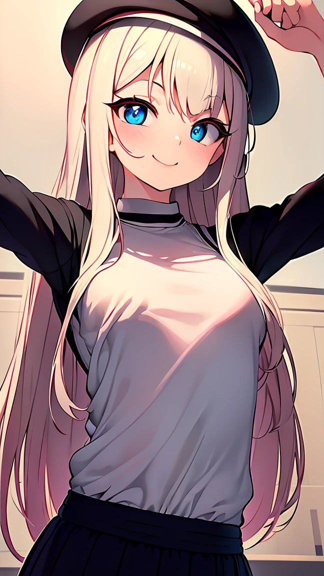 Highest quality,masterpiece,masterpiece portrait,Upper Body, Blonde、Blue Eyes、Pink lips、uniform、White Shirt、Black ribbon at chest、cartoonist、(((Slightly erotic)))、Wear a red beret、tilt your head and smile、Anime Style、Beauty、Her background is monochrome black、(((Looking at the camera facing the front)))、Looking up,oil
