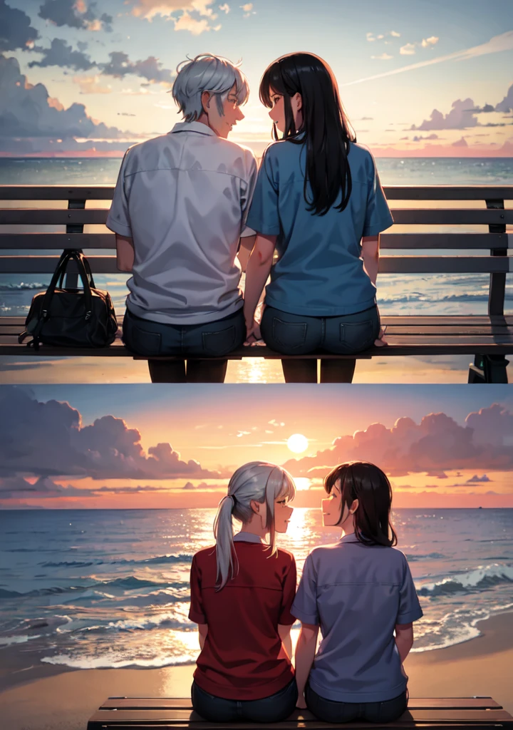 Elderly couple sitting next to each other on a bench, watching a stunning sunset over the ocean. They hold hands, their expressions full of joy and love