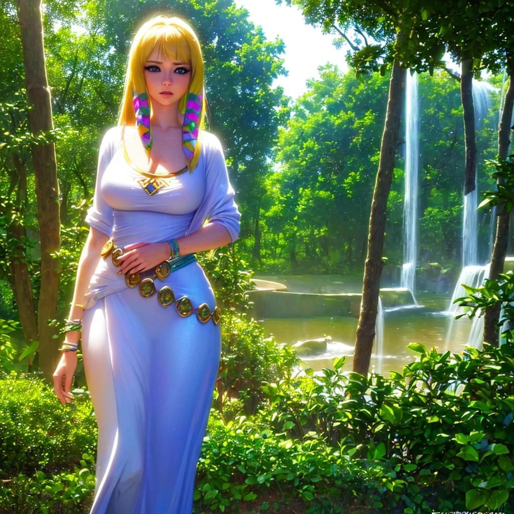 a beautiful woman, princess zelda, wearing a colorful swimsuit, large breasts, long blonde hair, blue eyes, delicate  features, graceful posing, standing in a lush tropical garden, sunlight shining on her, vibrant colors, intricate details, photorealistic, highly detailed, 8k, (best quality,4k,8k,highres,masterpiece:1.2),ultra-detailed,(realistic,photorealistic,photo-realistic:1.37),HDR,UHD,studio lighting,ultra-fine painting,sharp focus,physically-based rendering,extreme detail description,professional,vivid colors,bokeh,fantasy,elegant,serene