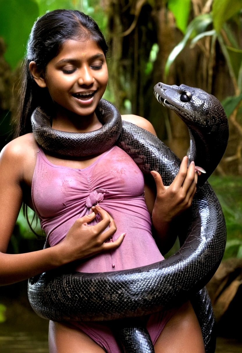   Top quality, masterpiece, super high resolution, real photo, raw photo, cute, beautiful young indian teen girl, happy expression, joy, glossy skin, dramatic lighting, full body, full body wet, dirty pink tank top, sheer with thin fabric, pink shirt dirty with mud, beautiful , beautiful ,  sticking out, creepy, in the dark jungle, waterside, black large titanboa , slim, long limbs, slimy, slim Sleeping on large titanboa a large giant black titanboa wrapped around her neck, a large titanboa wrapped around her body, a titanboa’s head from between her crotches, a titanboa  and a titan’s intertwining their tongues and kissing, a girl hugging giant titanbo a girl and a large titanboa staring at each other Many large anacondas  aroused  tentacle  large object   snake  kissing  