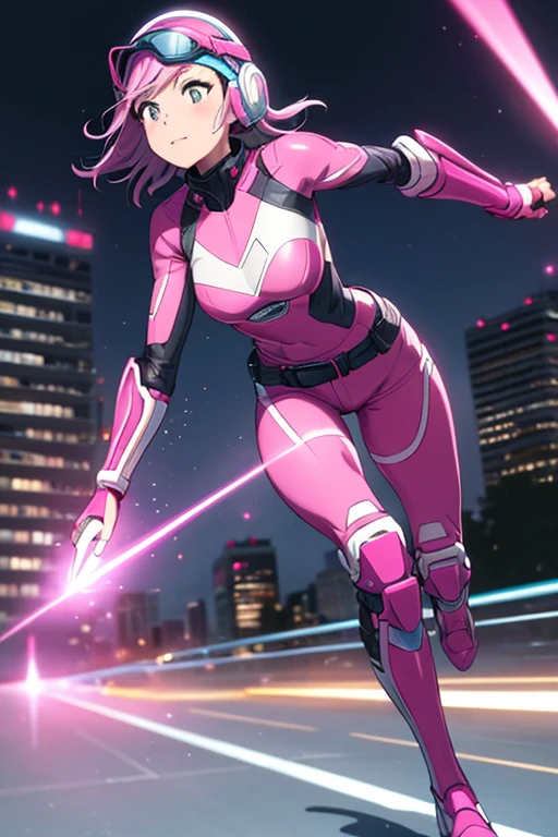 ((best quality)), ((masterpiece)), (detailed), 1 girl, full body, 20s, young adult, eye mask, black helmet that covers her entire head, smooth head, biker helmet, biker helmet with blue headphones on the sides, flashlight on her forehead, short pink hair coming out of her helmet, face, black collar, tall, slim, athletic, circles on her wrists, pink details, black fingerless gloves, pink wristbands, nanotech speedster suit that resembles light armor, blue chest with an emblem, blue chest, black suit with pink lines, pink speed emblem on her chest, pink emblem, blue pants, gray knee pads, metallic pink boots, white superhero belt, running through the city, pink light trail, laser, city background, anime