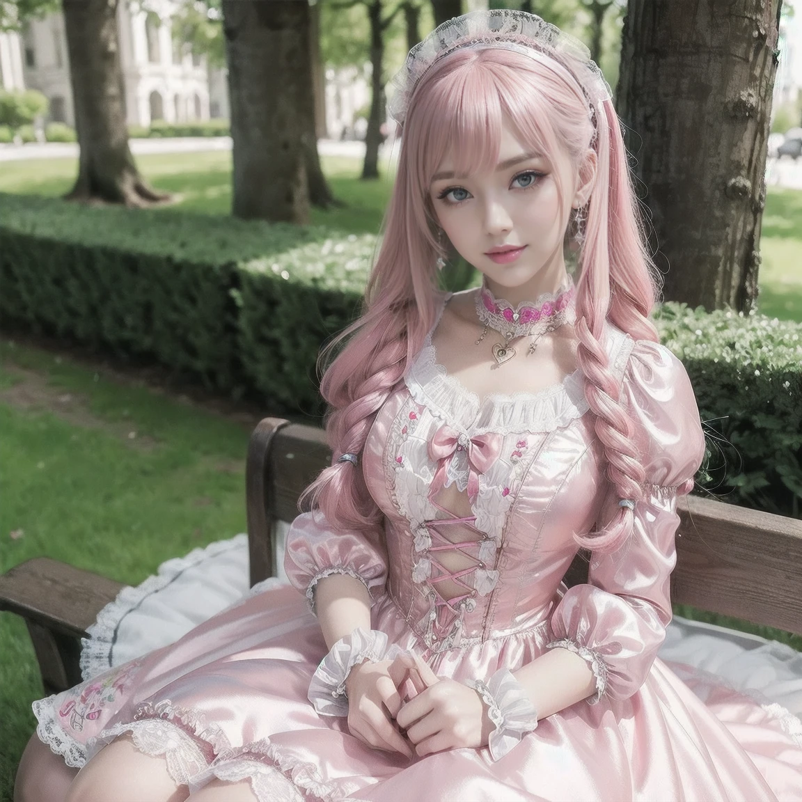 stylish Russian model, only 1 female, ((doll-like appearance)), long neon pink stylish hair, ((shiny Victorian-Style boots)), (big smile), ultra detailed eyes, very detailed eye makeup, lipgloss, long lashes, defined eyebrows, (( Sweet Lolita cosplay)), bell-shaped skirt, petticoats, high neckline, puffed sleeves, ((ultra detailed lace)), ((ultra detailed embroidery)), intricate details, animals, fairy tales, heart-shaped bag, Sweet Lolita accessoires, large bow, Sweet Lolita choker, ((large sparkling Sweet Lolita jewelry)), cinematic light, detailed large park background with trees