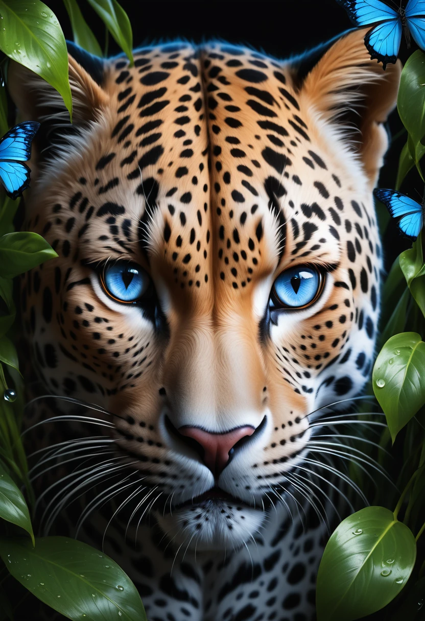 Lush plants，A fierce leopard in the jungle,1leopard,orange piercing eyes,black and white,dark background,photorealistic,realistic,high quality,high resolution,ultra detailed,masterpiece,studio lighting,cinematic lighting,dramatic lighting，Blue glowing butterfly，Water drops on leaves