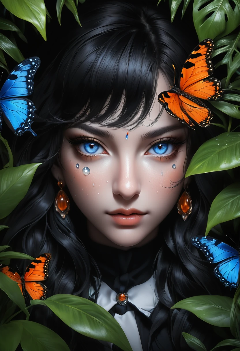 Lush plants,A fierce leopard in the jungle,1leopard,orange piercing eyes,black and white,dark background,photorealistic,realistic,high quality,high resolution,ultra detailed,masterpiece,studio lighting,cinematic lighting,dramatic lighting,Blue glowing butterfly,Water drops on leaves