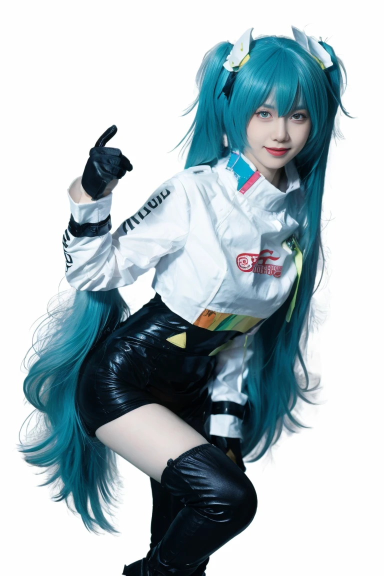 best quality, tmasterpiece,Ultra-high resolution,Clear face,(Reality:1.4),ferpect lighting,(upper body shot:1.5), (photorealistic:1.50), anime wallpaper, Guviz style artwork, cover-up fantasy up to magic , by Yang J, Guviz, beautiful artwork illustration, beautiful digital artwork, beautiful digital illustration, Li Song, beautiful anime portrait, art style in Beauvot, 1girl, 独奏, looking at viewer, smile, standing, full body, arms at side, hatsune miku cosplay costume, hatsune miku, racing miku, cosplay, twintails, (green hair:1.3), aqua hair, very long hair, bodysuit, black bodysuit, asymmetrical bodysuit, crop top, white crop top, cropped jacket, white cropped jacket, long sleeves, logo on crop top, logo, print bodysuit, hair ornament, gloves, two-tone gloves, clothes writing, single legwear, single thigh boot, high heel, grey background,