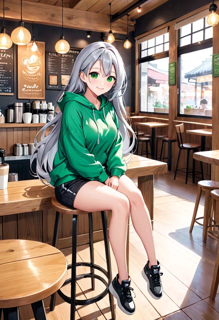 Pretty asian woman, bright silver hair, long hair, green eyes, busty, black shorts and a green hoodie, cute, sitting on a wooden barstool ,coffee shop environment, pretty smile, anime style, full body photo, facing to the right