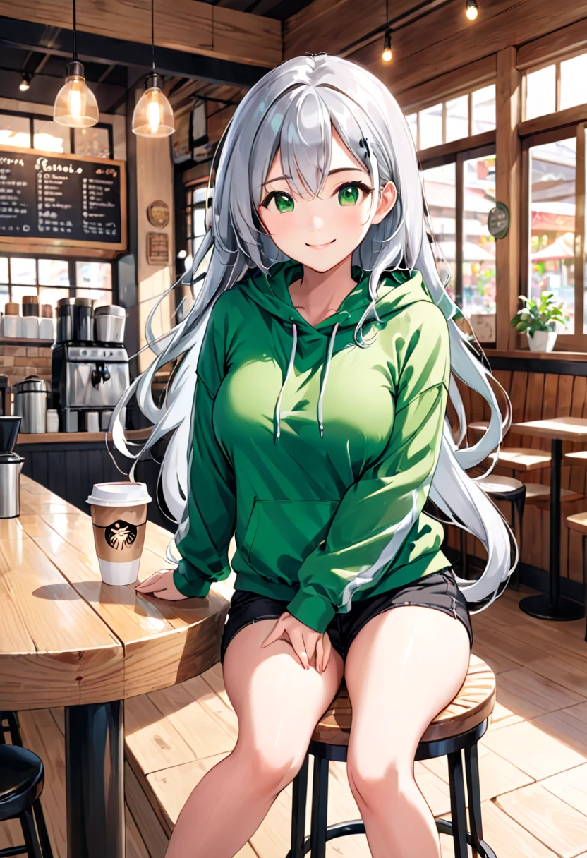 Pretty asian woman, bright silver hair, long hair, green eyes, busty, black shorts and a green hoodie, cute, sitting on a wooden barstool ,coffee shop environment, pretty smile, anime style, full body photo, facing to the right