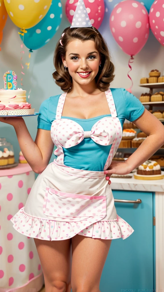 photo brunette pinup holding giant birthday cake wearing an apron in pinup style beautiful smile beautiful bakery bright light colors pastel mini skirt with polka dots posing in pinup style sexy