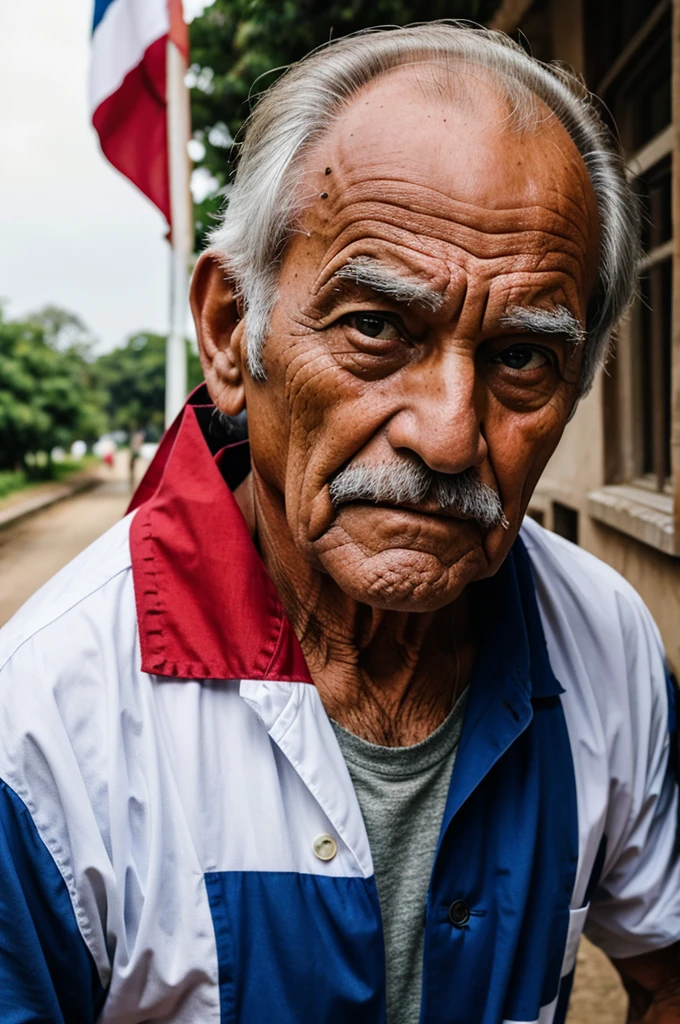 An old man standing holding a tricolor flag in his hand