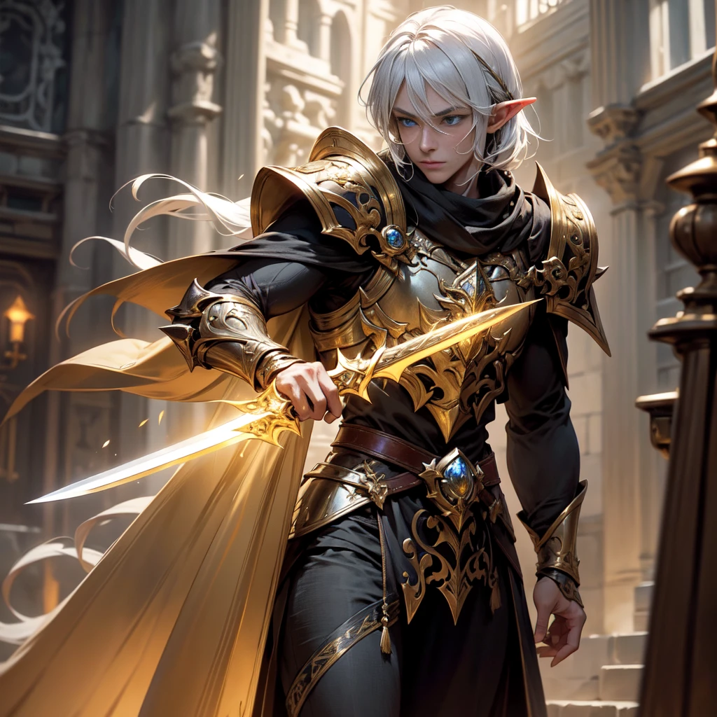 Create a detailed, cinematic image of an awe-inspiring paladin with elven characteristics. The Paladin wears shining golden armor with intricate details and refined decoration., including elven motifs such as intertwined leaves and tendrils. He has pointed ears, typical for elves. Carries a sword, which is permeated by radiant light, with elven inscriptions, that glow along the blade, whose luminosity spreads across the scene, brighten up the environment. In his other hand, he holds a huge golden shield, decorated with intricate elven heraldic motifs and sacred symbols. Your blue eyes shine with determination and courage. The Paladin follows an old, dark street, with stone buildings and gas lanterns, which partially illuminate the room. Sword light reveals hidden details in Gothic facades and deep shadows. The scene must convey a cinematic feeling, with a mix of strong colors and dark tones, reminiscent of Fujifilm photography. The image must be rendered in 8k, to ensure Ultra HD quality.