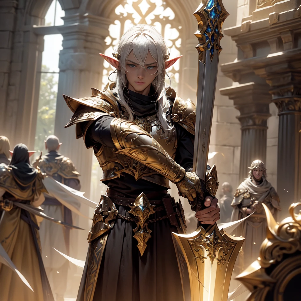 Create a detailed, cinematic image of an awe-inspiring paladin with elven characteristics. The Paladin wears shining golden armor with intricate details and refined decoration., including elven motifs such as intertwined leaves and tendrils. He has pointed ears, typical for elves. Carries a sword, which is permeated by radiant light, with elven inscriptions, that glow along the blade, whose luminosity spreads across the scene, brighten up the environment. In his other hand, he holds a huge golden shield, decorated with intricate elven heraldic motifs and sacred symbols. Your blue eyes shine with determination and courage. The Paladin follows an old, dark street, with stone buildings and gas lanterns, which partially illuminate the room. Sword light reveals hidden details in Gothic facades and deep shadows. The scene must convey a cinematic feeling, with a mix of strong colors and dark tones, reminiscent of Fujifilm photography. The image must be rendered in 8k, to ensure Ultra HD quality.