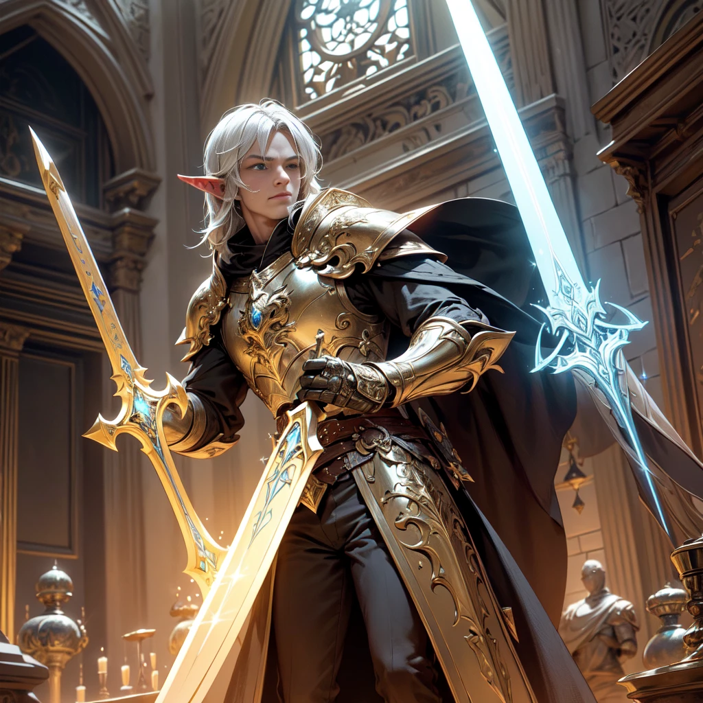 Create a detailed, cinematic image of an awe-inspiring paladin with elven characteristics. The Paladin wears shining golden armor with intricate details and refined decoration., including elven motifs such as intertwined leaves and tendrils. He has pointed ears, typical for elves. Carries a sword, which is permeated by radiant light, with elven inscriptions, that glow along the blade, whose luminosity spreads across the scene, brighten up the environment. In his other hand, he holds a huge golden shield, decorated with intricate elven heraldic motifs and sacred symbols. Your blue eyes shine with determination and courage. The Paladin follows an old, dark street, with stone buildings and gas lanterns, which partially illuminate the room. Sword light reveals hidden details in Gothic facades and deep shadows. The scene must convey a cinematic feeling, with a mix of strong colors and dark tones, reminiscent of Fujifilm photography. The image must be rendered in 8k, to ensure Ultra HD quality.