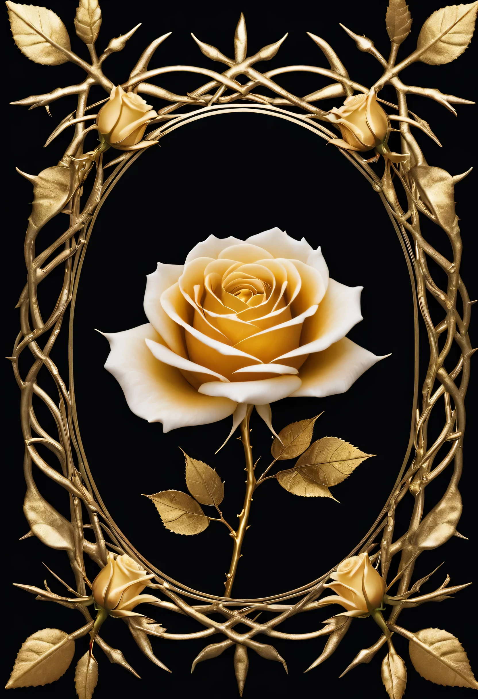 A book cover with black background. Golden thorns in every corner. A golden small rose in the middle with white fohs surrounding it. Giving a mysterious and darker vibes.