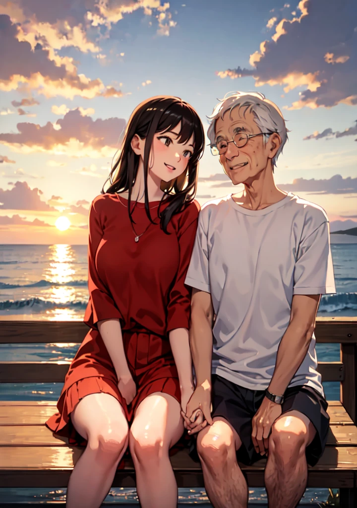 Elderly couple sitting next to each other on a bench, watching a stunning sunset over the ocean. They hold hands, their expressions full of joy and love