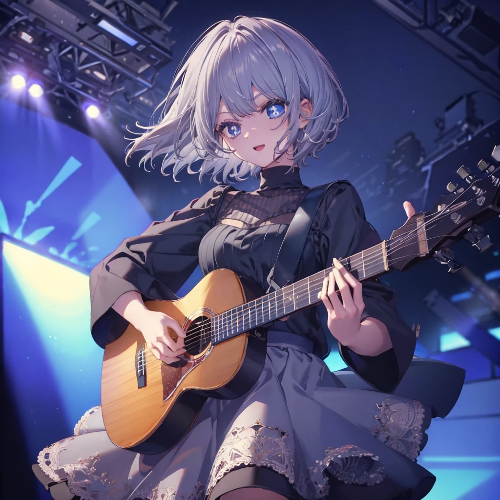 (((1 person　Gray Hair　dress　singer　blue eyes)))　((High resolution　short hair　青いdress　Black Skirt　Rin々Funny face))　((Close-up))　((Open your mouth　Shining Aura　On stage　Guitar solo))　(smile　Exposure to blue light)　Shining Background　Shining Edge