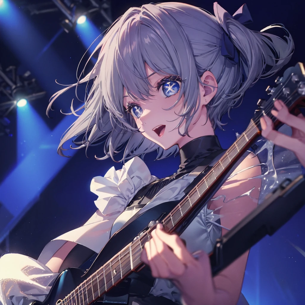 (((1 person　Gray Hair　dress　singer　blue eyes)))　((High resolution　short hair　青いdress　Black Skirt　Rin々Funny face))　((Close-up))　((Open your mouth　Shining Aura　On stage　Guitar solo))　(smile　Exposure to blue light)　Shining Background　Shining Edge