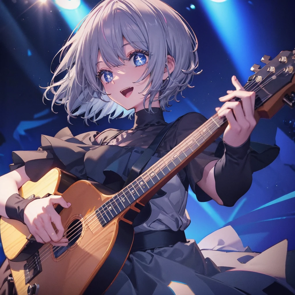 (((1 person　Gray Hair　dress　singer　blue eyes)))　((High resolution　short hair　青いdress　Black Skirt　Rin々Funny face))　((Close-up))　((Open your mouth　Shining Aura　On stage　Guitar solo))　(smile　Exposure to blue light)　Shining Background　Shining Edge