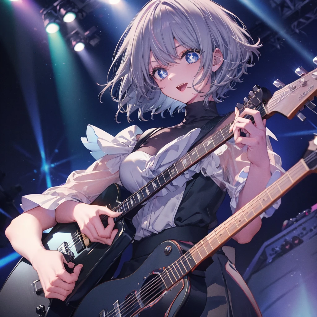(((1 person　Gray Hair　dress　singer　blue eyes)))　((High resolution　short hair　青いdress　Black Skirt　Rin々Funny face))　((Close-up))　((Open your mouth　Shining Aura　On stage　Guitar solo))　(smile　Exposure to blue light)　Shining Background　Shining Edge