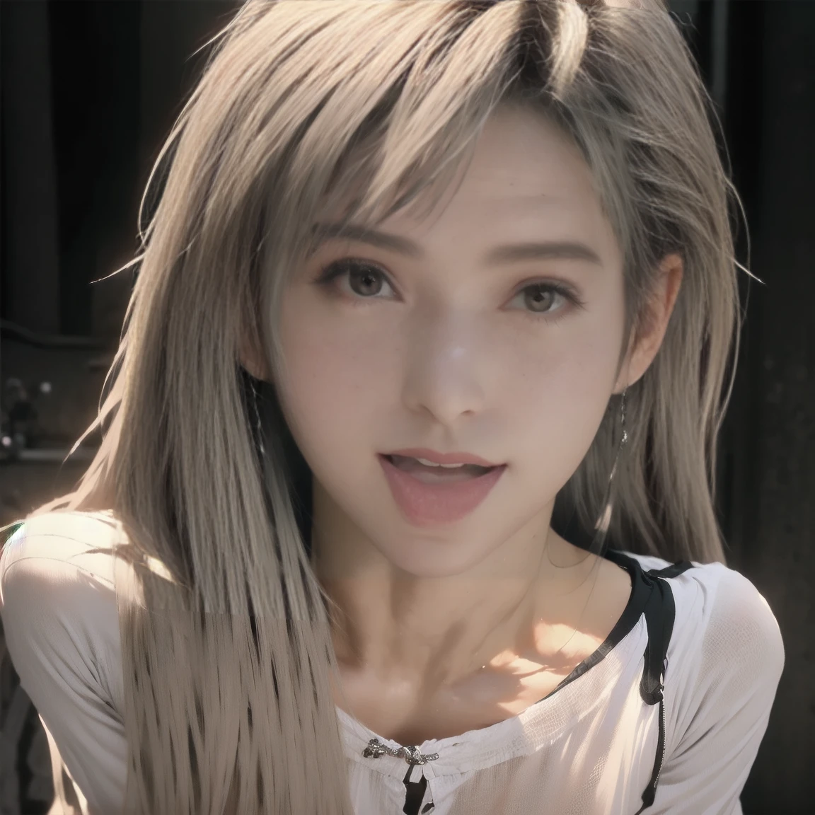 Pretty body ,hold camera , sharp eye , left eye close, look on camera , cute , front of concert stage , focus body , korean face ,rockstar body , wear white pants and black tshirt ,cute smile ,blonde hair , wet hair , hair oranment ,circle earrimgs ,{full body}