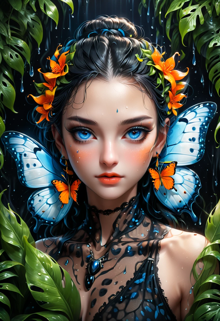 Lush plants,A fierce leopard in the jungle,1leopard,orange piercing eyes,black and white,dark background,photorealistic,realistic,high quality,high resolution,ultra detailed,masterpiece,studio lighting,cinematic lighting,dramatic lighting,Blue glowing butterfly,Water drops on leaves